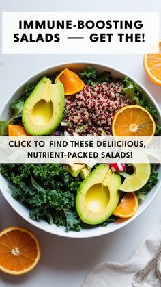 a bowl filled with oranges, avocado and other fruits