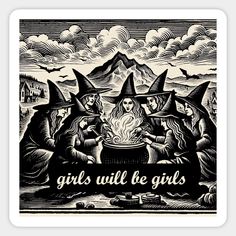 Add a touch of magic to your wardrobe or home decor with our exclusive "Girls Will Be Girls" design. Featuring a playful illustration of a group of witches, this design is perfect for those who embrace their witchy side with humor and style. Whether you're looking for a unique t-shirt, hoodie, tote bag, or home decor item, this design is sure to cast a spell on anyone who sees it. Celebrate your inner witch with this fun and whimsical design that captures the spirit of sisterhood and empowermen… Witch Drawings, Girls Will Be Girls Witches, Witch Coven Illustration, Witch Feminist Art, Witch Tshirt Design, Support Your Local Coven Shirt, Witchy Halloween T-shirt With Graphic Print, Witch Coven, Winter Solstice