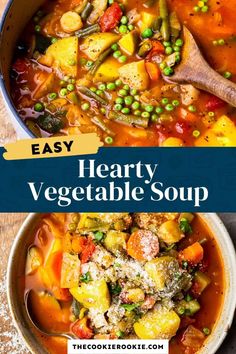 hearty vegetable soup in a bowl with the title overlay reads easy hearty vegetable soup