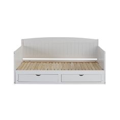 a white wooden bed with two drawers on the bottom and one drawer open to allow storage