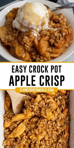 Close up of crock pot apple crisp with vanilla ice cream on top. Apples Going Bad Recipes, Crock Pot Apple Crisp Recipe, Crock Pot Apple Crisp, Dessert List, Crumble Recipes, Crockpot Apple Crisp, Crockpot Desserts, Work Breakfast, Crockpot Apple