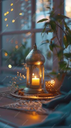 a lit candle is sitting on a table next to a potted plant and window