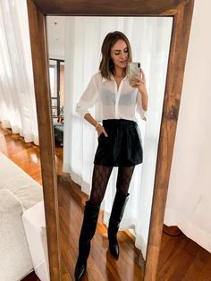 Sheer White Blouse Outfit, White Sheer Button Up Blouse Outfit, Black Shorts Tights Outfit, White Leather Shorts Outfit, Black Shorts And Tights Outfit, Sheer Button Up Outfit, Leather Shorts And Tights Outfit, Leather Shorts Outfit Night