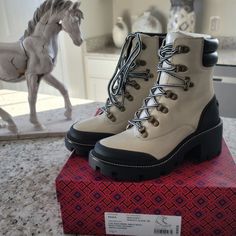 Nwt..Ivory And Black Fall High-top Boots With Faux Fur Lining, Tory Burch High Top Sneaker, Tory Burch Chelsea Boot, High-top Shearling Boots For Winter, Black Tory Burch Boots, Tory Burch Shoes, Tory Burch, Bootie Boots, Ankle Boots