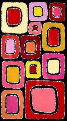 an abstract painting with squares and rectangles in red, yellow, pink, orange, and green