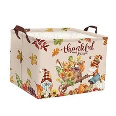 a thanksgiving themed storage box with the words, happy thanksgiving and autumn written on it