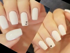 Cursive J On Nails, J On Nails, White Nails With Initial, Solid Color Acrylic Nails, J Nails, White Gel Nails, Acrylic Nails Nude, Spring Acrylic Nails, French Manicure Nails