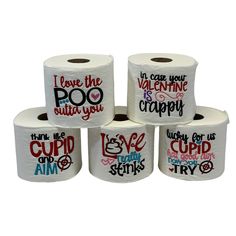 six rolls of toilet paper with sayings on them