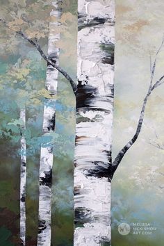 an abstract painting of birch trees in the woods