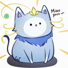 a drawing of a blue cat with a yellow bow on its head and the words miu pirr written above it