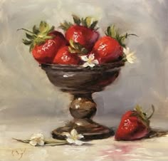 a painting of strawberries in a bowl on a table