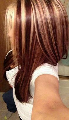 Burgundy Hair Blonde Highlights, October Hair, Auburn Blonde Hair, Hairstyle Color