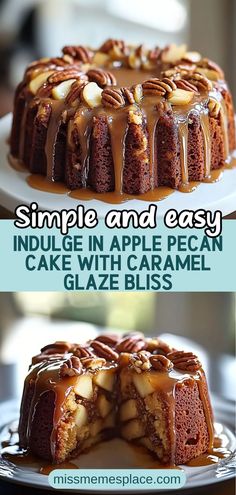 an image of a cake with caramel glaze on it and the words, simple and easy indulge in apple pecan cake with caramel glaze bliss