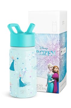 thermosfles disney frozen is in front of an open box and it's packaging