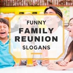 family reunion slogan with kids drinking orange juice and laughing at each other in front of them