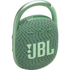 the jbl go portable bluetooth speaker is green and has an oval handle on it