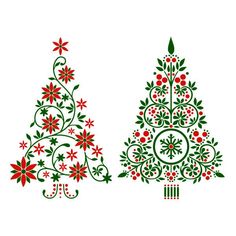 two christmas trees with red and green decorations on them, one is decorated with flowers