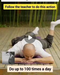 a man laying on top of a wooden floor in front of bamboo trees with the caption follow the teacher to do this action