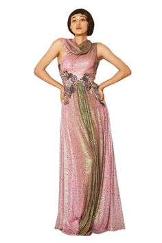 Pink, green gown with floral applique, sequin, zari thread, bead and cutdana embellishment. - Aza Fashions Aisha Rao, Gown For Women, Gown Pattern, Green Gown, Embellished Gown, Pink Gowns, Ladies Gown, Gowns Online, Pink Tulle