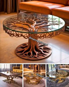 this coffee table has a tree design on it