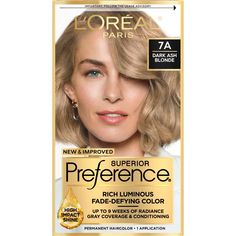 Preference’s Superior Fade-Defying Color & Shine system creates luminous, lit-from-within color, with natural-looking highs & lows, and beautiful gray coverage. With up to 8 weeks of fade-defying color, rich, long-lasting color shines from every strand and resists fading or turning brassy week after week. The kit also includes a color protective Color and Shine Conditioner formulated with Golden Camelina Oil, Anti-Oxidant Vitamin E and UV filter to help keep first day color vibrancy and silky, r Loreal Paris Hair Color, Ash Blond, Paris Hair, Gel Hair, Dark Ash Blonde, At Home Hair Color, Dark Ash, Hair Dyes, Permanent Hair Dye