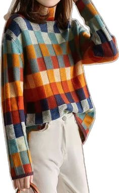 Casual Plaid Sweater For Layering, Long Sleeve Patchwork Sweater For Fall, Cozy Patchwork Sweater For Fall, Fall Color Matching Tops, Multicolor Color Block Top For Fall, Multicolor Long Sleeve Casual Sweater, Color Block Sweater For Fall Layering, Casual Multicolor Long Sleeve Sweater, Trendy Colorful Sweater For Fall