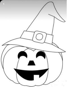 a black and white drawing of a pumpkin wearing a witches hat