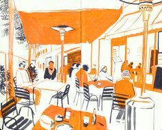 an orange and black drawing of people sitting at tables in a restaurant with trees on the other side