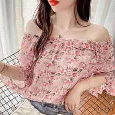 Lasaky - Stylish Shoulder Off Floral Chiffon Top with Scallop Edges, Two-Way Wear Floral Print Chiffon Blouse, Floral Chiffon Top, Floral Chiffon Blouse, Floral Print Chiffon, Extra Long Sleeves, Bandeau Dress, Lace Crop Tops, Scalloped Lace, Floral Chiffon