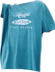 Hawaiian Cotton Tops With Screen Print, Casual Pre-shrunk Surfing T-shirt, Casual Pre-shrunk T-shirt For Surfing, Blue Tops For Streetwear And Beach Season, Casual Surfing Top With Graphic Print, Casual Screen Print Top For Surfing, Green Cotton Hawaiian T-shirt, Green Hawaiian Cotton T-shirt, Green Graphic Print T-shirt For Surfing