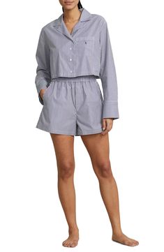 Supersoft cotton poplin mixes with the boxy fit on this pair of short PJs you'll want to spend the entire weekend in. Top has notched collar; long sleeves with button cuffs 100% cotton Machine wash, tumble dry Imported Cotton Sleepwear With Elastic Waistband Shorts, Cotton Sleepwear With Elastic Waistband And Short Length, Cotton Sleepwear With Elastic Waistband, Short Length, Relaxed Fit Pajama Shorts For Loungewear, Cotton Pajama Shorts With Elastic Waistband For Daywear, Relaxed Fit Pajama Shorts For Sleep, Cotton Shorts With Elastic Waistband For Pajama Party, Cotton Pajama Shorts With Pockets For Pajama Party, Cotton Shorts For Pajama Party