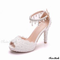 Olivia Mark - Elegant Floral Applique Tassel Ankle Strap Platform Sandals in White Wedding Platform, Lace High Heels, White Platform Sandals, White Platform, Pearl And Lace, Toe Designs, Beaded Lace, Women Lace, Dance Floor