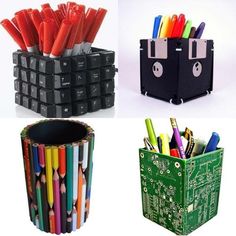 four different types of pens and pencils in containers