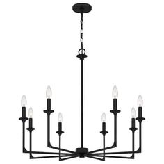 a black chandelier with six lights hanging from it's center and five arms