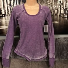 Thermal Type Blouse Purple Crew Neck Top For Layering, Purple Cotton Top For Layering, Casual Purple Scoop Neck Top, Purple Stretch Tops For Loungewear, Purple Workout Tops For Spring, Purple Workout Top For Spring, Purple Cotton Workout Top, Color Purple, Top Blouse