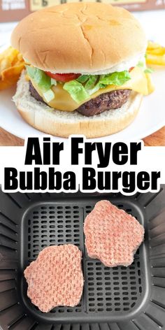 an air fryer with two hamburger patties on it and the words air fryer bubba burger