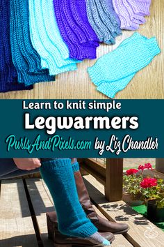 a person sitting on a bench with their legs crossed and the words learn to knit simple legwarmers