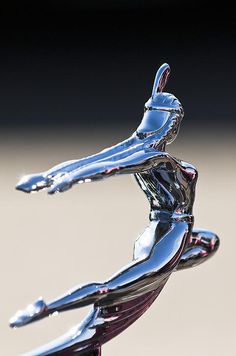 the hood ornament of a classic car is shiny and chromed in color