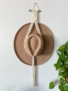 a hat hanging on the wall with a tasseled hat and potted plant