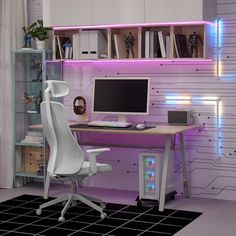 a desk with a computer on it in front of a book shelf and bookshelf