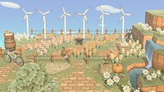 an animated image of a farm with windmills in the background and people on bikes