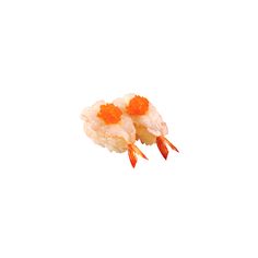 two shrimp with orange cauliflower on it's tails are flying in the air