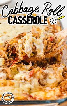 cabbage roll casserole in a baking dish with a wooden spoon