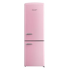 a pink refrigerator freezer sitting on top of a white wall