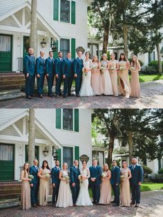 the wedding party is posing for pictures in front of the house