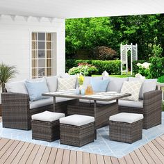 Wisteria Lane Outdoor Patio Furniture Set, 7 Piece Outdoor Dining Sectional Sofa with Dining Table and Chair, All Weather Wicker Conversation Set with Ottoman, Grey Sofa With Dining Table, Patio Dining Furniture, Outdoor Sectional Furniture, Wisteria Lane, Wicker Dining Set, Dining Table And Chair, Summer Patio, Outdoor Patio Set, Summer Must Haves