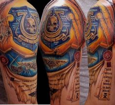 two men with tattoos on their arms, one has a clock and the other has a skull