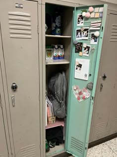 two lockers with pictures and other items in them