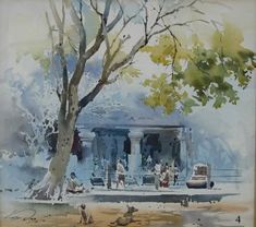 a watercolor painting of people sitting under a tree in front of a blue house