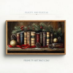 a painting of books and pine cones on a shelf